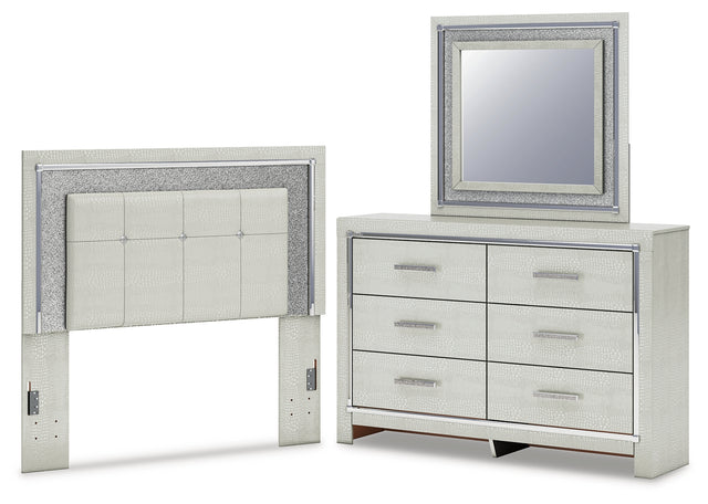 Furniture City Houma - Ashley Furniture - Zyniden Full Upholstered Panel Headboard, Dresser and Mirror - Full Upholstered Panel Headboard, Dresser and Mirror / Silver - B2114B11