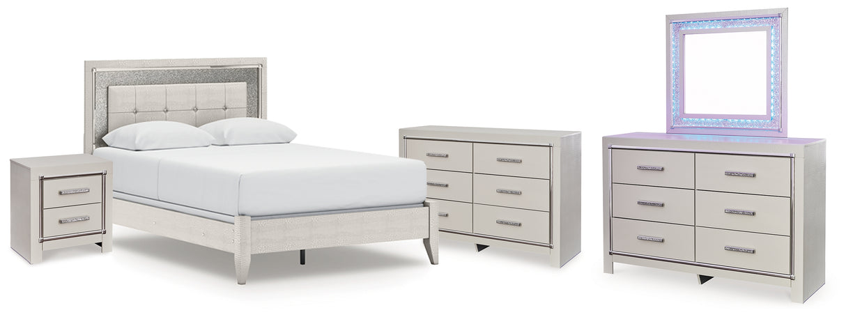Furniture City Houma - Ashley Furniture - Zyniden Queen Upholstered Panel Bed - Queen Upholstered Panel Bed, 2 Dressers, Mirror and Nightstand / Silver - B2114B20