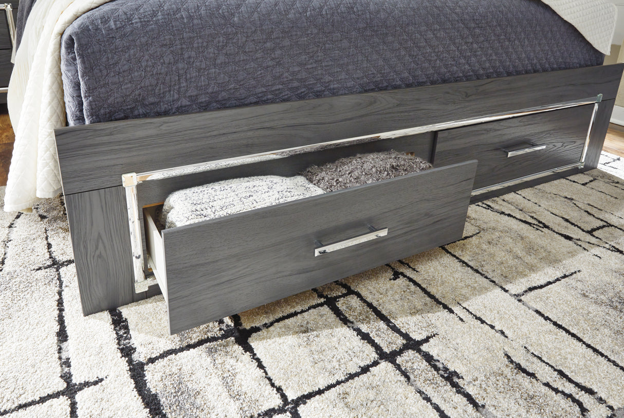 Lodanna King Upholstered Storage Bed, Dresser, Mirror, Chest, and Nightstand