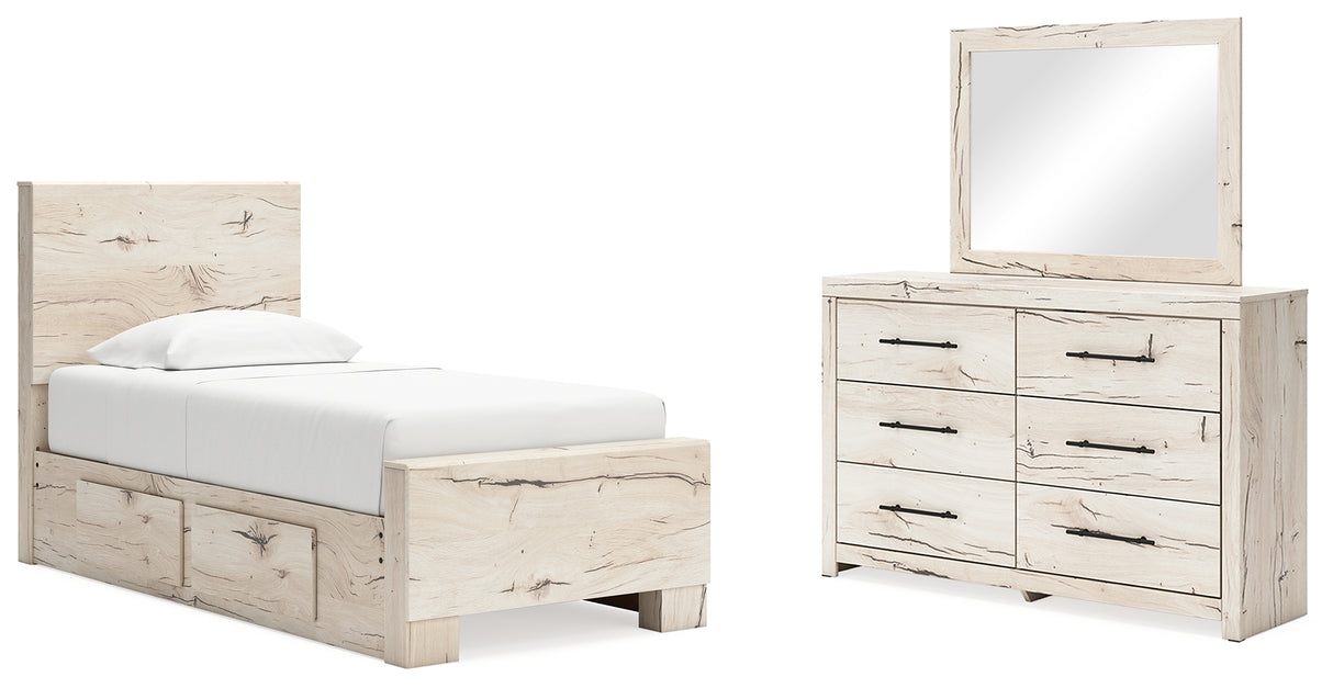 Lawroy Twin Panel Bed with Storage, Dresser and Mirror
