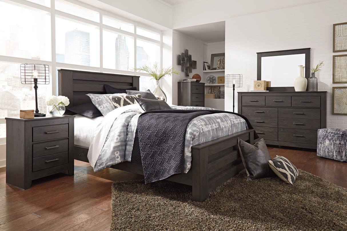 Furniture City Houma - Ashley Furniture - Brinxton Queen Panel Bed - Queen Panel Bed, Dresser, Mirror, Chest and Nightstand / Charcoal - B249B21