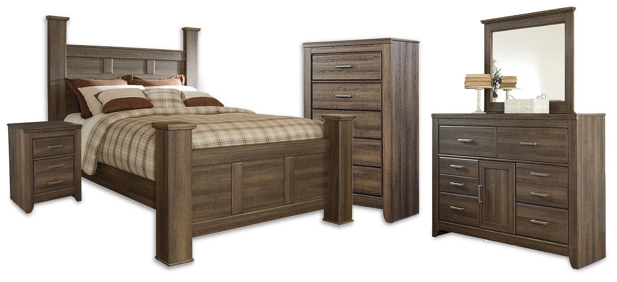 Furniture City Houma - Ashley Furniture - Juararo Queen Poster Bed - Queen Poster Bed, Dresser, Mirror, Chest and Nightstand / Dark Brown - B251B42