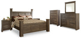 Furniture City Houma - Ashley Furniture - Juararo King Poster Bed - King Poster Bed, Dresser, Mirror, Chest and 2 Nightstands / Dark Brown - B251B30