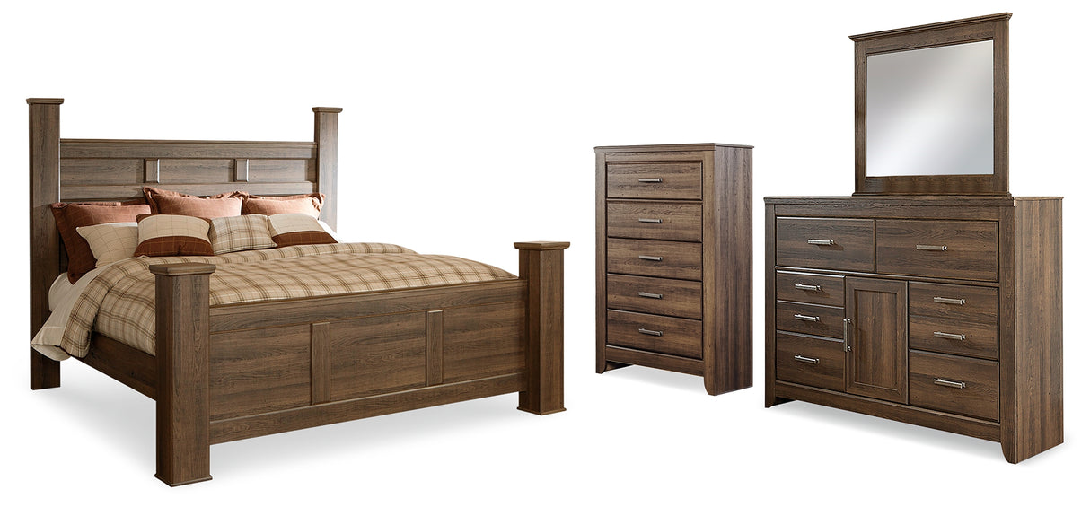 Furniture City Houma - Ashley Furniture - Juararo King Poster Bed - King Poster Bed, Dresser, Mirror and Chest / Dark Brown - B251B37