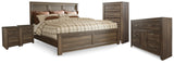 Furniture City Houma - Ashley Furniture - Juararo King Panel Bed - King Panel Bed, Dresser, Chest and 2 Nightstands / Dark Brown - B251B39