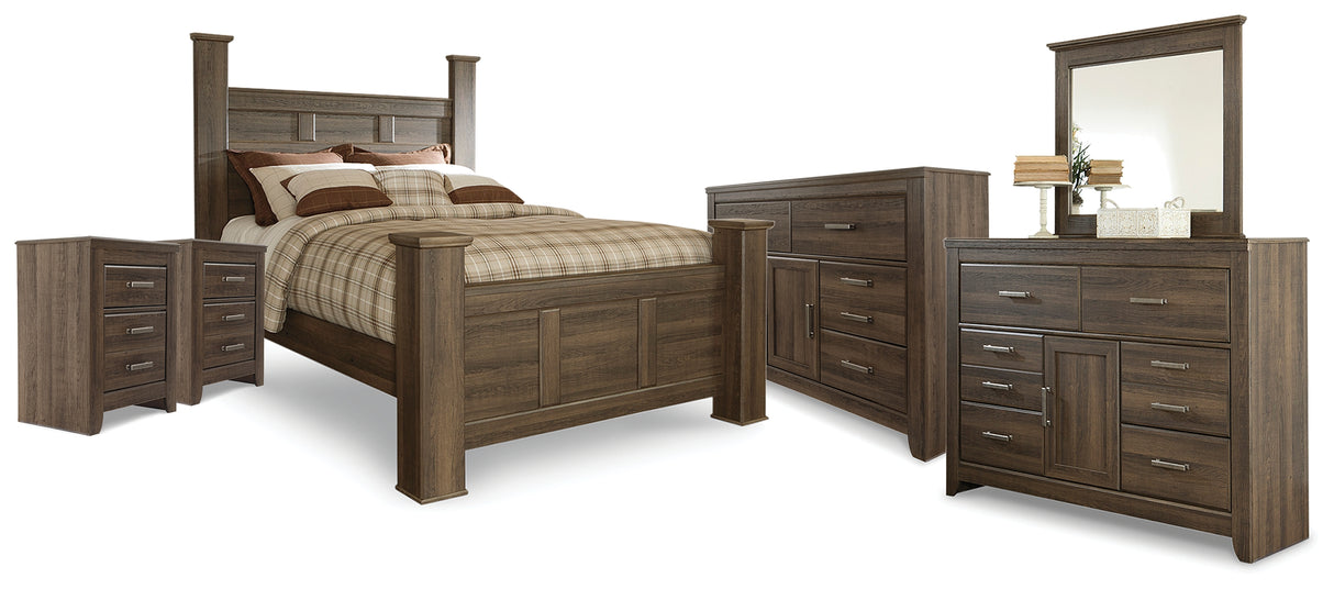 Furniture City Houma - Ashley Furniture - Juararo Queen Poster Bed - Queen Poster Bed, 2 Dressers, Mirror and 2 Nightstands / Dark Brown - B251B41