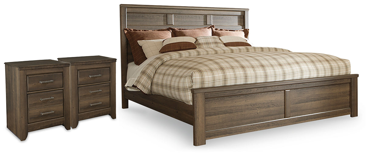 Furniture City Houma - Ashley Furniture - Juararo King Panel Bed and 2 Nightstands - King Panel Bed and 2 Nightstands / Dark Brown - B251B45