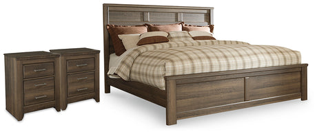 Furniture City Houma - Ashley Furniture - Juararo King Panel Bed and 2 Nightstands - King Panel Bed and 2 Nightstands / Dark Brown - B251B45
