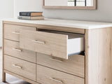 Cadmori Queen Upholstered Panel Bed, Dresser and Mirror