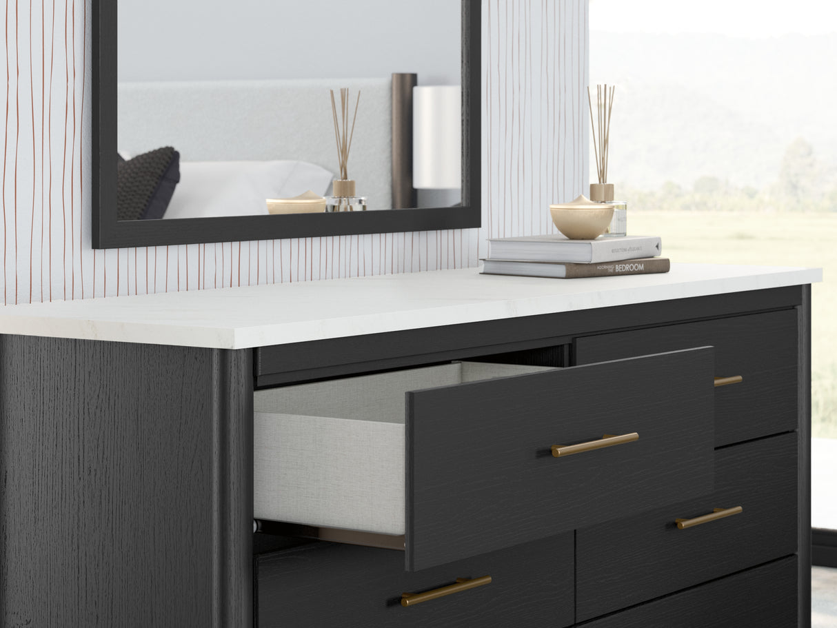 Cadmori King Upholstered Panel Bed, Dresser and Mirror