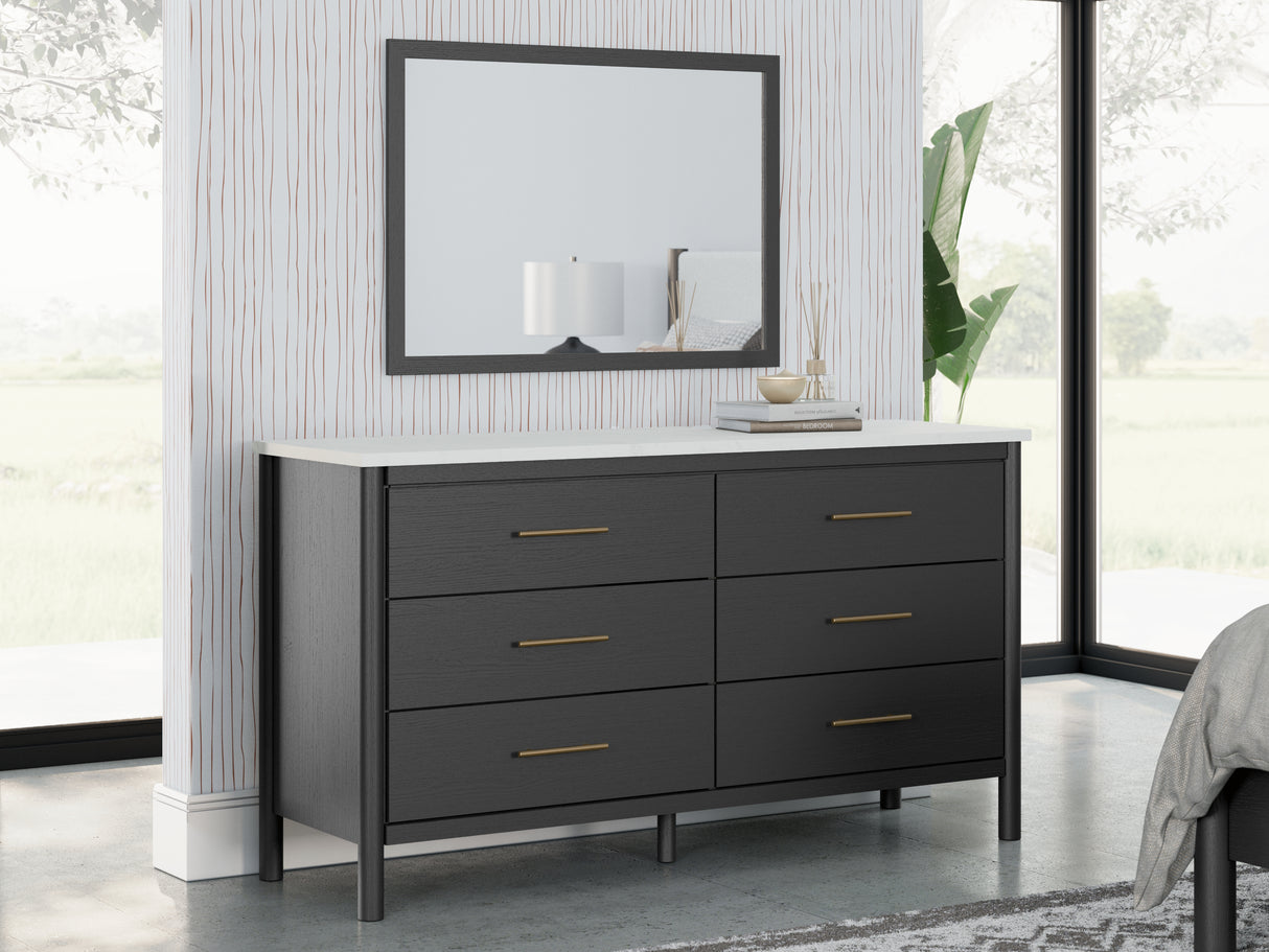 Cadmori King Upholstered Panel Bed, Dresser and Mirror