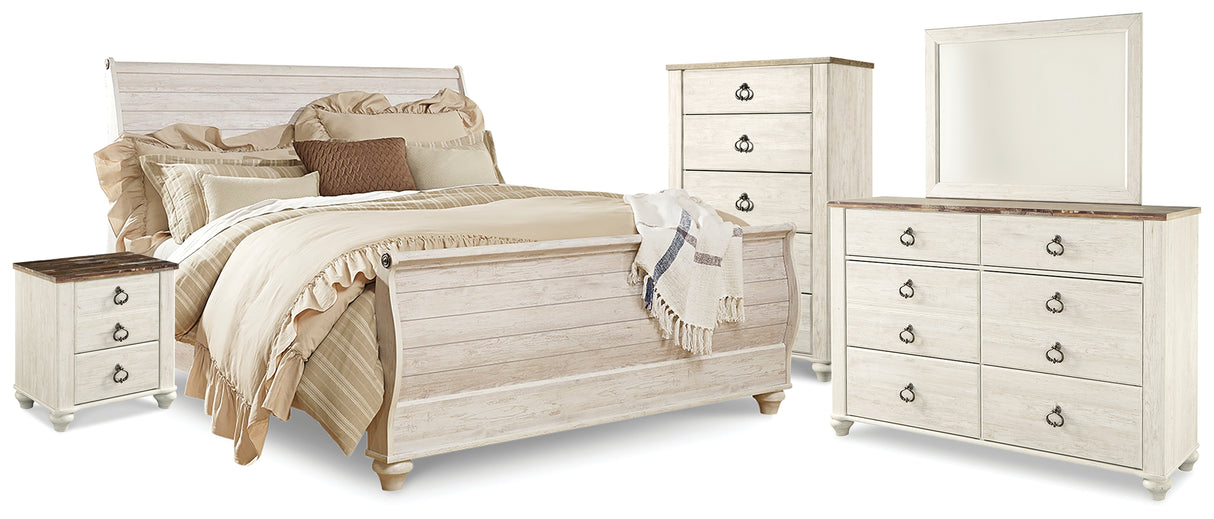 Furniture City Houma - Ashley Furniture - Willowton King Sleigh Bed - King Sleigh Bed, Dresser, Mirror, Chest and Nightstand / Whitewash - B267B61