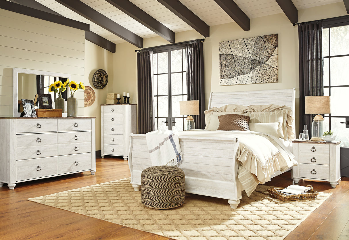 Furniture City Houma - Ashley Furniture - Willowton Queen Sleigh Bed - Queen Sleigh Bed, Dresser, Mirror, Chest and Nightstand / Whitewash - B267B57