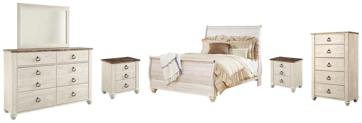 Furniture City Houma - Ashley Furniture - Willowton Queen Sleigh Bed - Queen Sleigh Bed, Dresser, Mirror, Chest and 2 Nightstands / Whitewash - B267B56