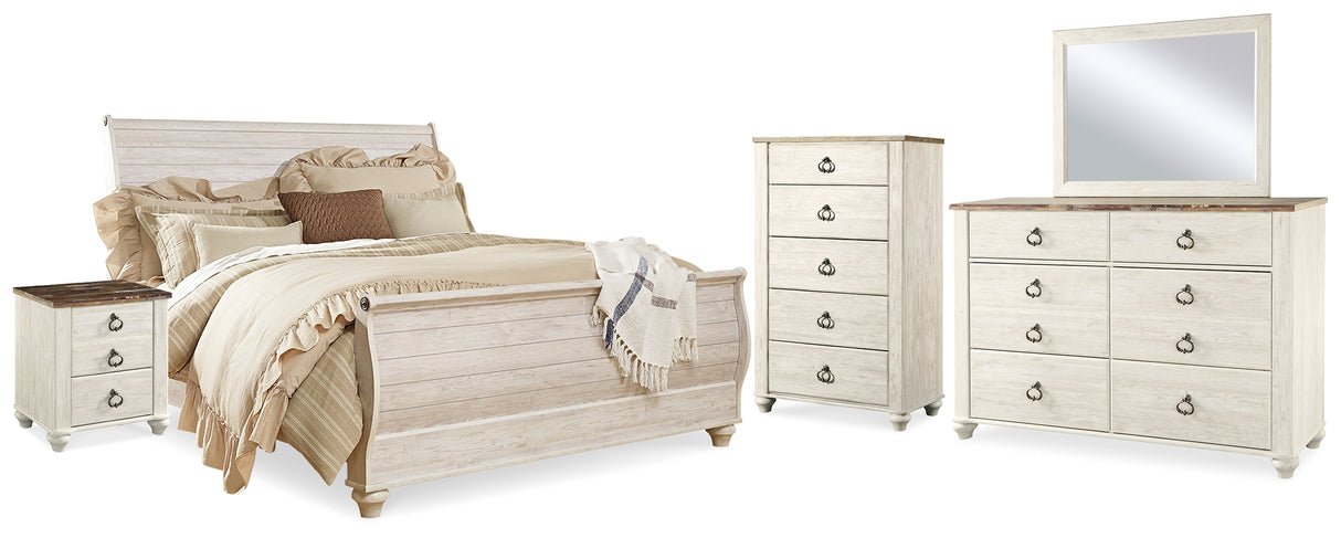 Furniture City Houma - Ashley Furniture - Willowton King Sleigh Bed - King Sleigh Bed, Dresser, Mirror, Chest and 2 Nightstands / Whitewash - B267B44