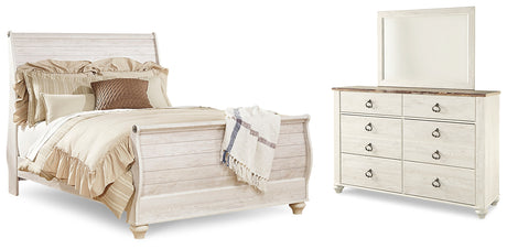Furniture City Houma - Ashley Furniture - Willowton Queen Sleigh Bed, Dresser and Mirror - Queen Sleigh Bed, Dresser and Mirror / Whitewash - B267B7