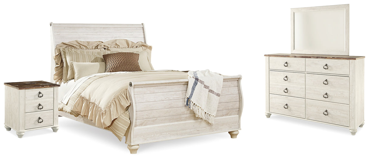 Furniture City Houma - Ashley Furniture - Willowton Queen Sleigh Bed - Queen Sleigh Bed, Dresser, Mirror and 2 Nightstands / Whitewash - B267B55