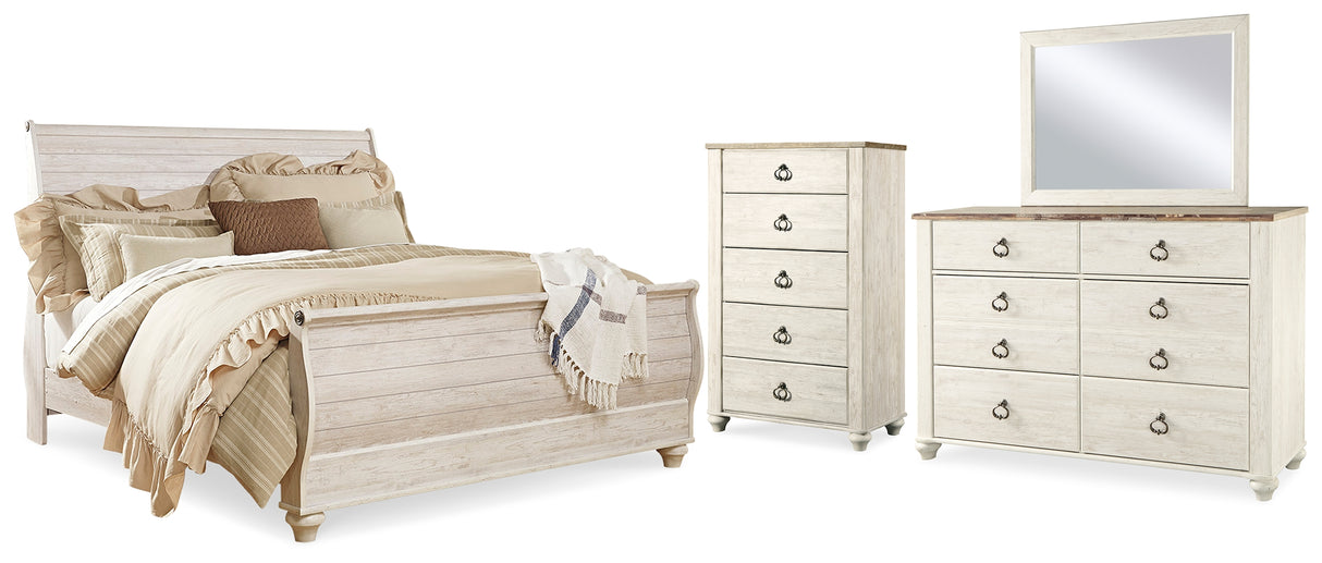 Furniture City Houma - Ashley Furniture - Willowton King Sleigh Bed - King Sleigh Bed, Dresser, Mirror and Chest / Whitewash - B267B42