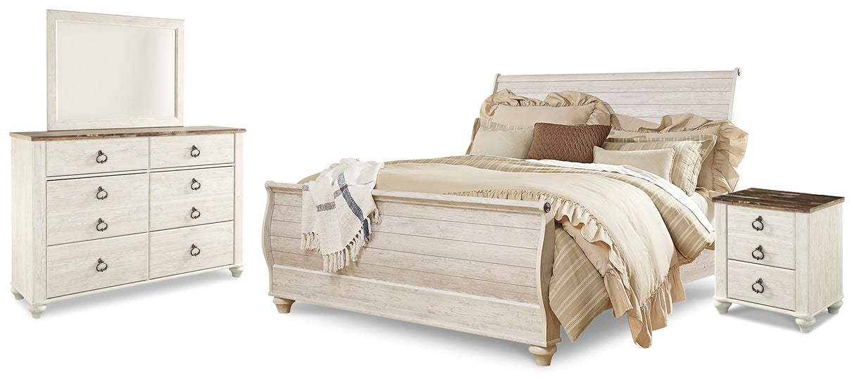 Furniture City Houma - Ashley Furniture - Willowton King Sleigh Bed - King Sleigh Bed, Dresser, Mirror and Nightstand / Whitewash - B267B33