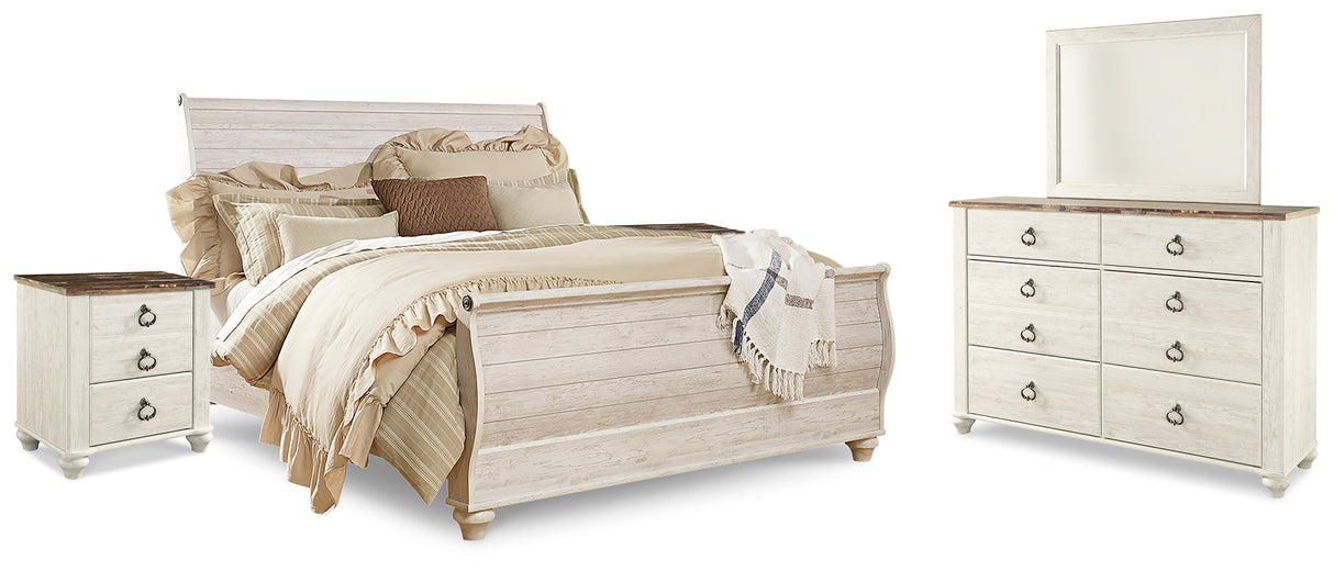 Furniture City Houma - Ashley Furniture - Willowton King Sleigh Bed - King Sleigh Bed, Dresser, Mirror and 2 Nightstands / Whitewash - B267B46