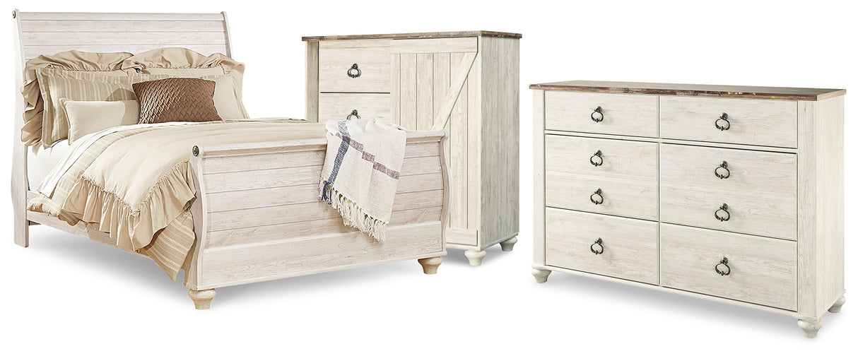 Furniture City Houma - Ashley Furniture - Willowton Queen Sleigh Bed - Queen Sleigh Bed, Dresser and Chest / Whitewash - B267B63