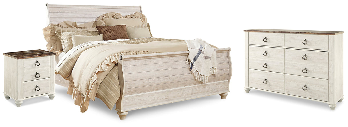 Furniture City Houma - Ashley Furniture - Willowton King Sleigh Bed - King Sleigh Bed, Dresser and Nightstand / Whitewash - B267B43