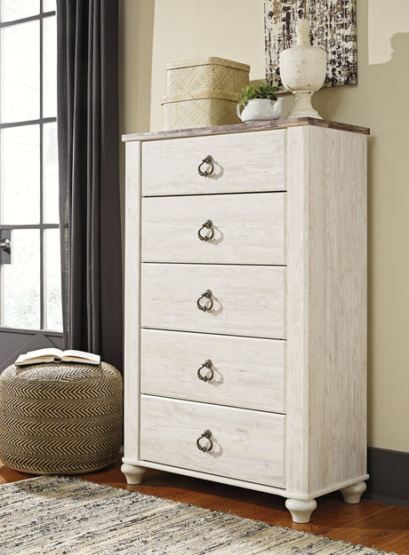 Furniture City Houma - Ashley Furniture - Willowton Chest of Drawers - Five Drawer Chest / Whitewash - B267-46