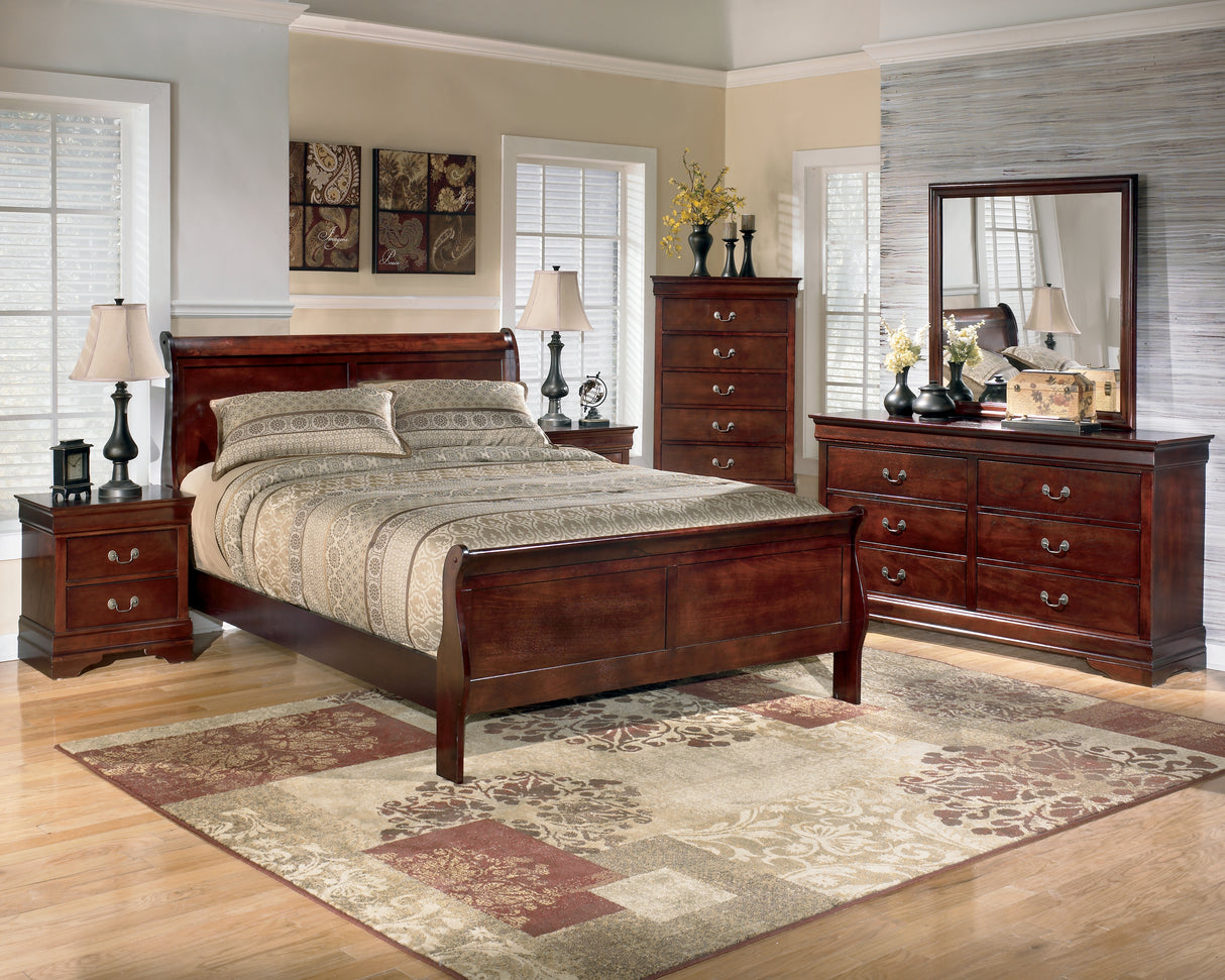 Furniture City Houma - Ashley Furniture - Alisdair King Sleigh Bed - King Sleigh Bed, Dresser, Mirror, Chest and 2 Nightstands / Reddish Brown - B376B17
