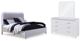Jarlee Queen Upholstered Panel Bed, Dresser and Mirror