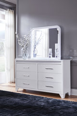 Jarlee Queen Upholstered Panel Bed, Dresser and Mirror