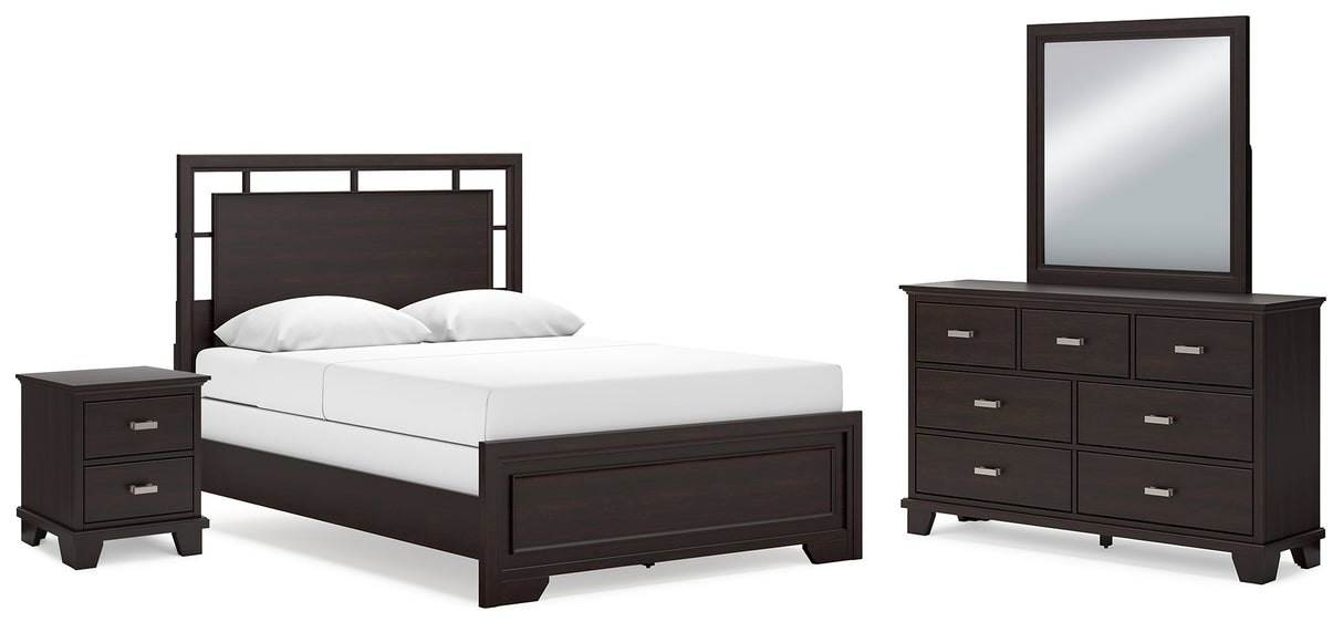 Furniture City Houma - Ashley Furniture - Covetown Queen Panel Bed - Queen Panel Bed, Dresser, Mirror and Nightstand / Dark Brown - B441B12
