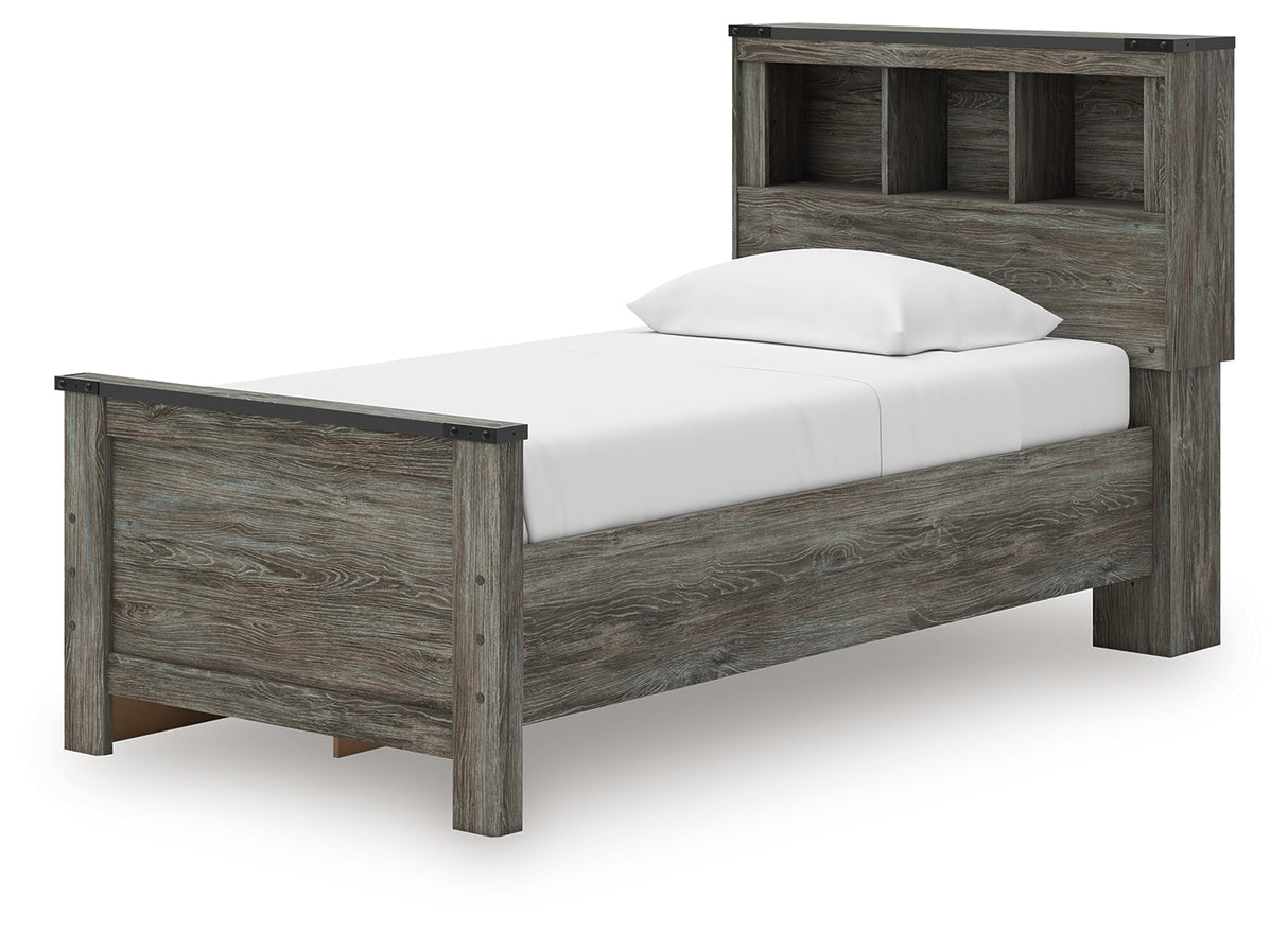 Frandern Twin Bookcase Bed with Storage, Dresser and Mirror