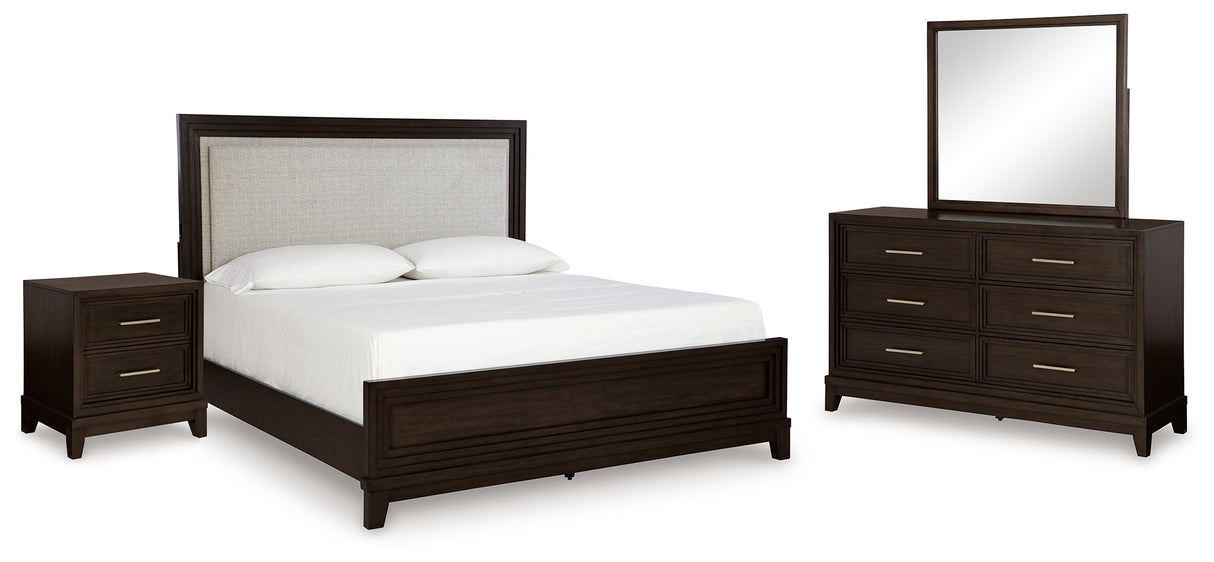 Furniture City Houma - Ashley Furniture - Neymorton Queen Upholstered Panel Bed - Queen Upholstered Panel Bed, Dresser, Mirror and Nightstand / Dark Grayish Brown - B618B10
