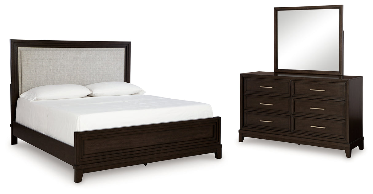 Furniture City Houma - Ashley Furniture - Neymorton Queen Upholstered Panel Bed - Queen Upholstered Panel Bed, Dresser and Mirror / Dark Grayish Brown - B618B3