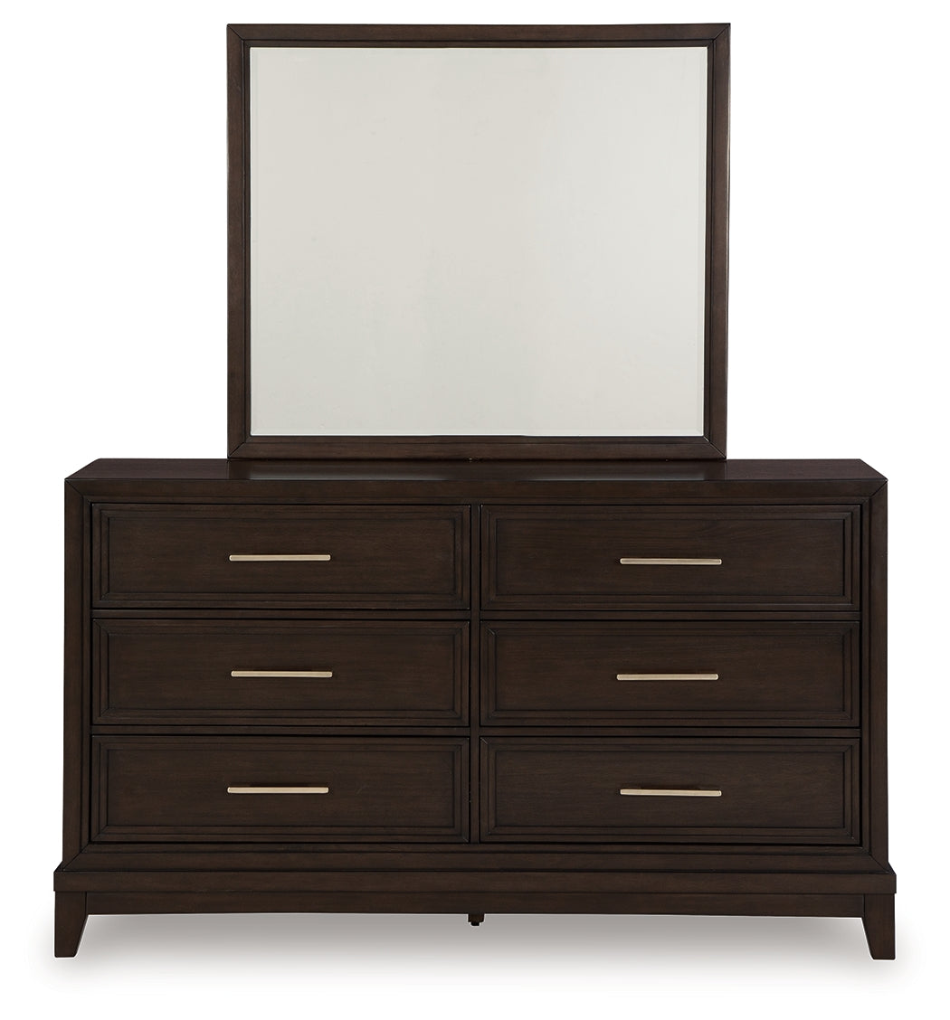 Neymorton Queen Upholstered Panel Headboard, Dresser and Mirror