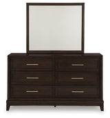 Neymorton Queen Upholstered Panel Headboard, Dresser and Mirror