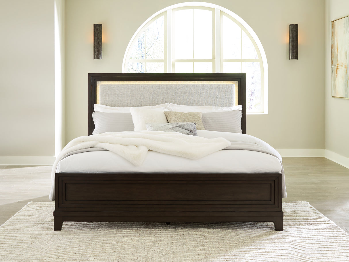 Furniture City Houma - Ashley Furniture - Neymorton Bedroom - King Upholstered Panel Bed / Dark Grayish Brown - B618B4