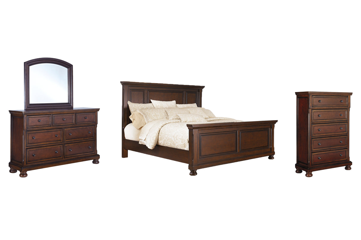 Furniture City Houma - Ashley Furniture - Porter King Panel Bed - King Panel Bed, Dresser, Mirror and Chest / Rustic Brown - B697B37