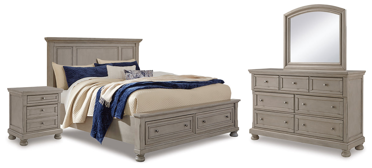 Furniture City Houma - Ashley Furniture - Lettner Queen Panel Storage Bed - Queen Panel Storage Bed, Dresser, Mirror and Nightstand / Light Gray - B733B46