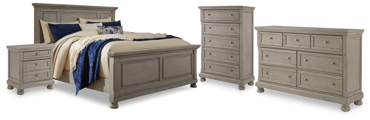 Furniture City Houma - Ashley Furniture - Lettner California King Panel Bed - California King Panel Bed, Dresser, Chest and 2 Nightstands / Light Gray - B733B47