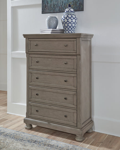 Furniture City Houma - Ashley Furniture - Lettner Chest of Drawers - Five Drawer Chest / Light Gray - B733-46
