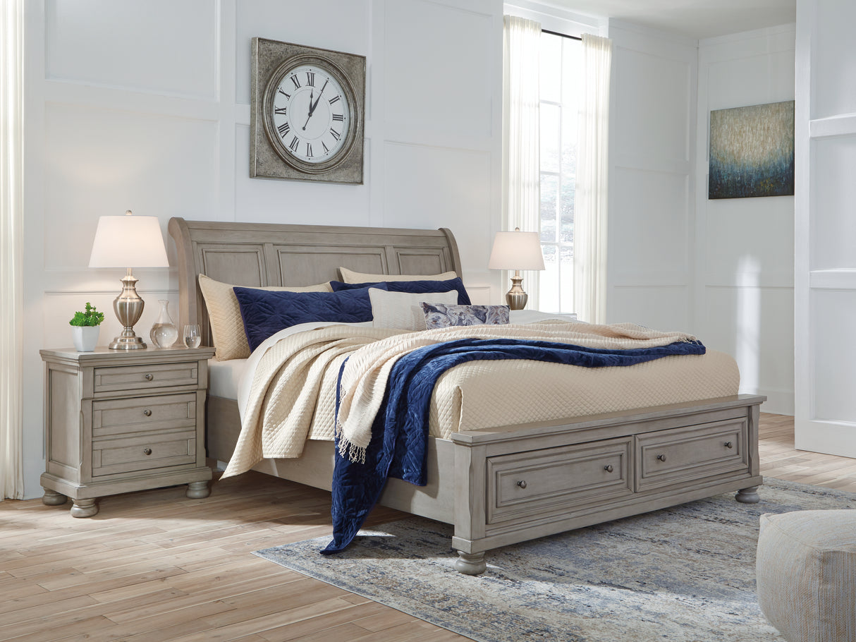 Furniture City Houma - Ashley Furniture - Lettner Bedroom - King Sleigh Bed with 2 Storage Drawers / Light Gray - B733B8