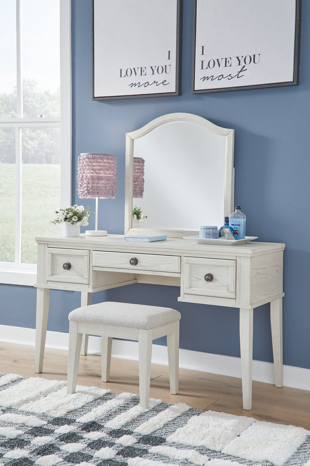 Furniture City Houma - Ashley Furniture - Robbinsdale Mirrored Vanity with Bench - Mirrored Vanity with Bench / Antique White - B742B11