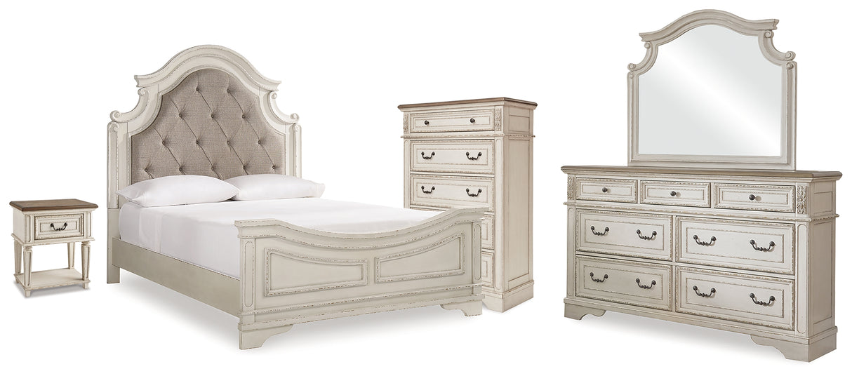 Realyn Queen Panel Bed, Dresser, Mirror, Chest and Nightstand
