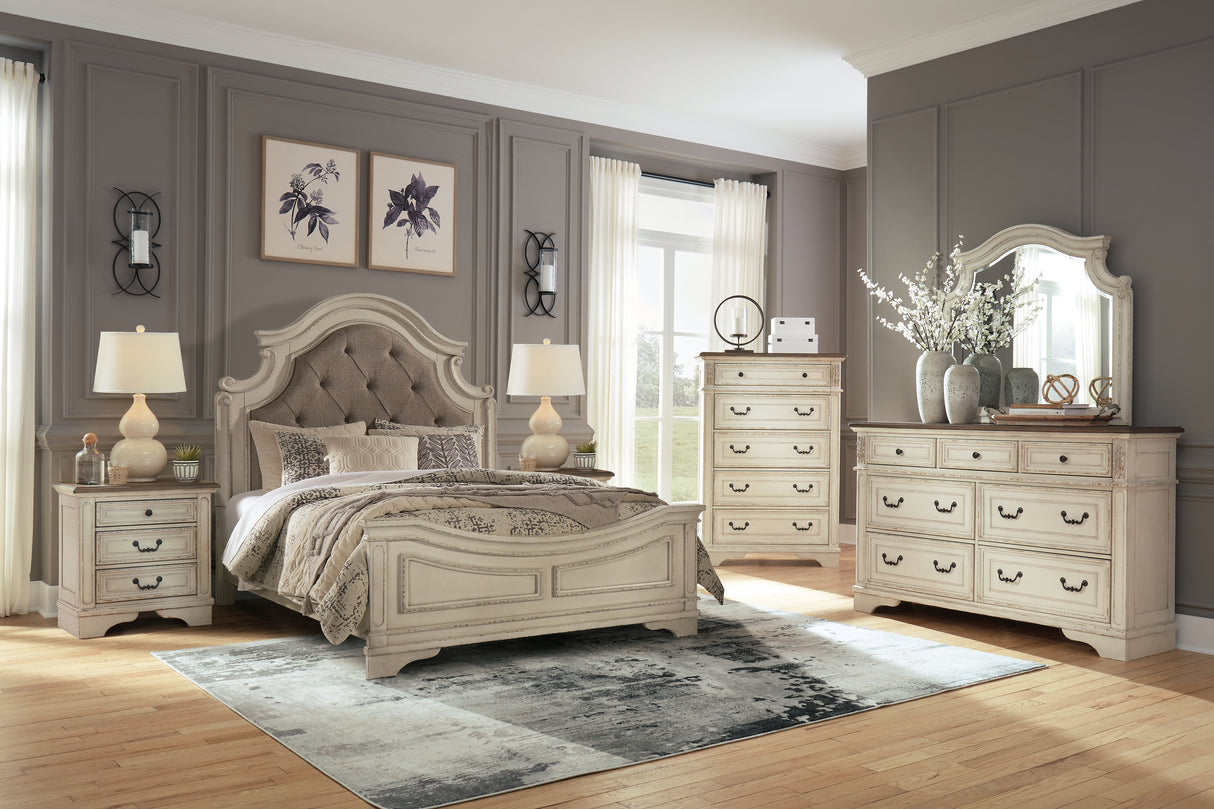 Furniture City Houma - Ashley Furniture - Realyn Queen Upholstered Panel Bed - Queen Upholstered Panel Bed, Dresser, Mirror, Chest and 2 Nightstands / Two-tone - B743B61