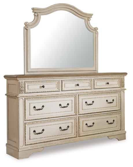 Realyn King Upholstered Panel Bed, Dresser and Mirror