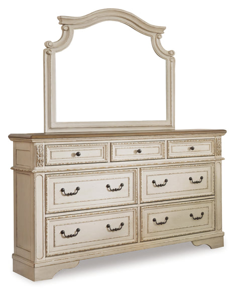 Furniture City Houma - Ashley Furniture - Realyn California King Upholstered Bed, Dresser, Mirror and Chest - California King Upholstered Bed, Dresser, Mirror and Chest / Chipped White - B743B25