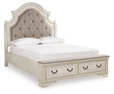 Realyn Queen Upholstery Panel Bed, Dresser, Chest, Nightstand, and Vanity Set