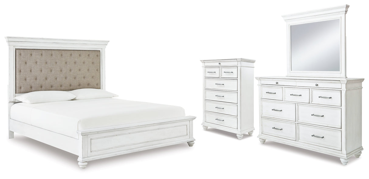Furniture City Houma - Ashley Furniture - Kanwyn Cal King Upholstered Panel Bed, Dresser, Mirror and Chest - Cal King Upholstered Panel Bed, Dresser, Mirror and Chest - B777B23