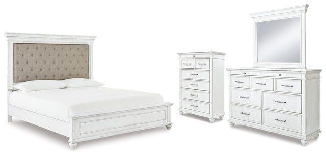 Furniture City Houma - Ashley Furniture - Kanwyn Cal King Upholstered Panel Bed, Dresser, Mirror and Chest - Cal King Upholstered Panel Bed, Dresser, Mirror and Chest - B777B23